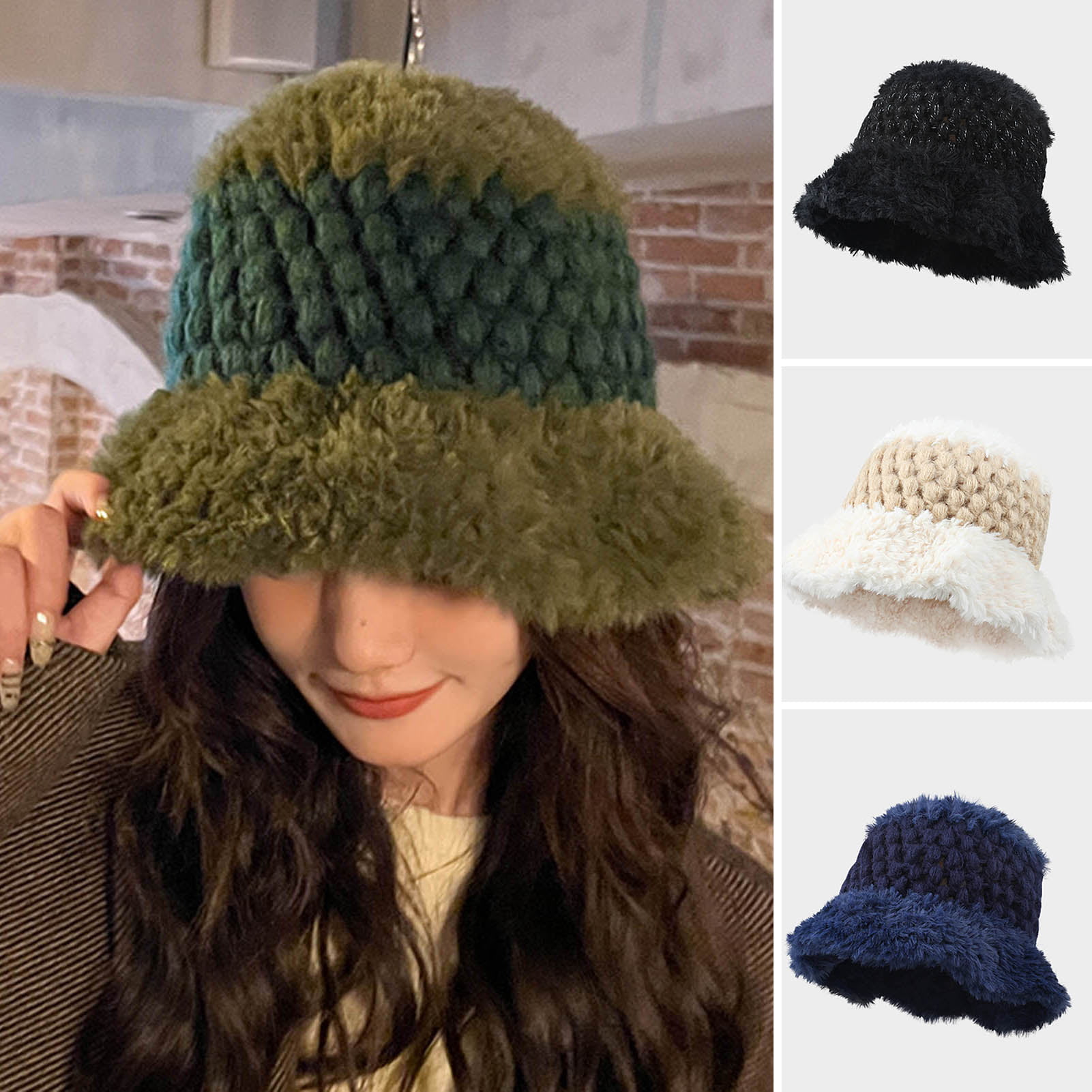 rygai Women Bucket Hat Color Block Fluffy Plush Crochet Dome Windproof  Hand-woven Knitted Fisherman Hat Daily Wear,Black 