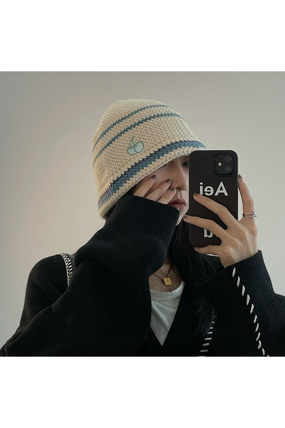 Women Bucket Hat Contrast Color Cherry Anti Deformation Windproof Autumn Winter Ear Dome Fisherman Hat Outdoor Wear Beige