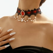 rygai Women Choker Sexy Floral Lace Rhinestone Gothic Retro Wide Faux Pear Tassels Female Collar Necklace Dating Wear,Black & Gold