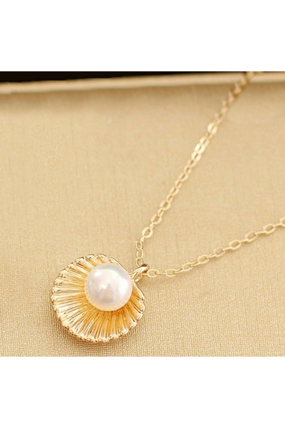 Women Elegant Faux Pearl Shell Charm Polished Necklace Gift Jewelry-Silver