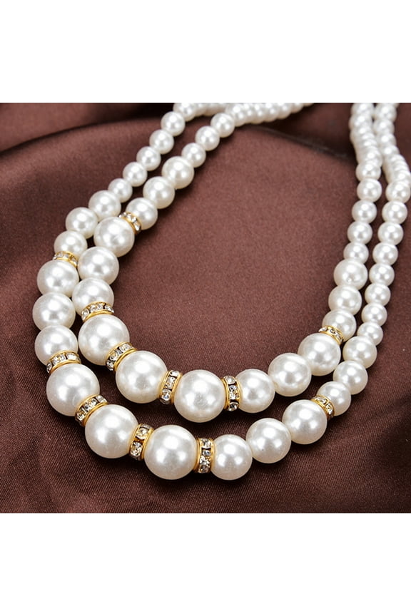 Women Faux Pearl Beads Rhinestone Inlaid Double Layer Necklace Jewelry-Silver