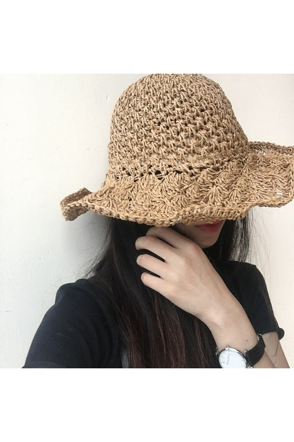 Women Foldable Handmade Straw Weave Wide Brim Sunscreen Hat Cap Beach Sunhat Beige