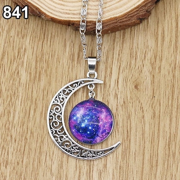 rygai Women Galactic Glass Alloy Chain Crescent Moon Pendant Necklace-841