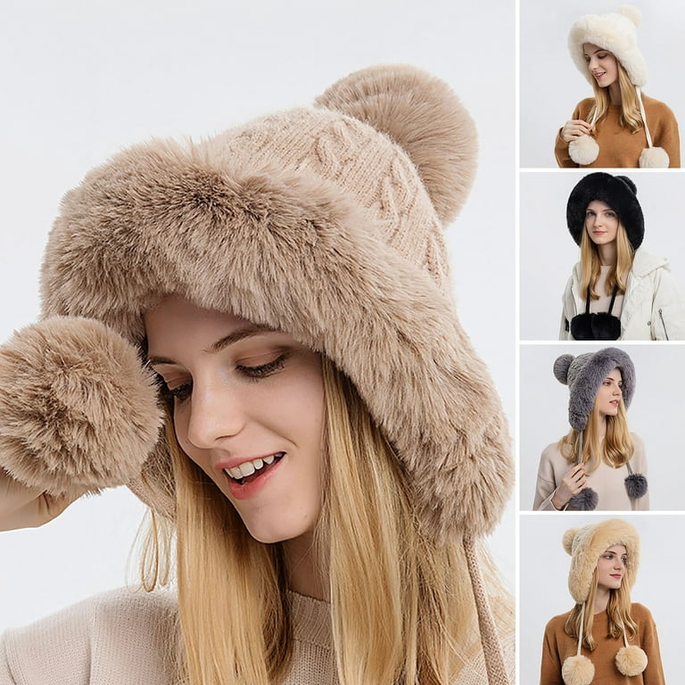 rygai Women Hat Fur Thicken Plush Lining Fluffy Comfortable with Earflap  Three Balls Autumn Winter Ladies Knitted Cap for Outdoor Beige 