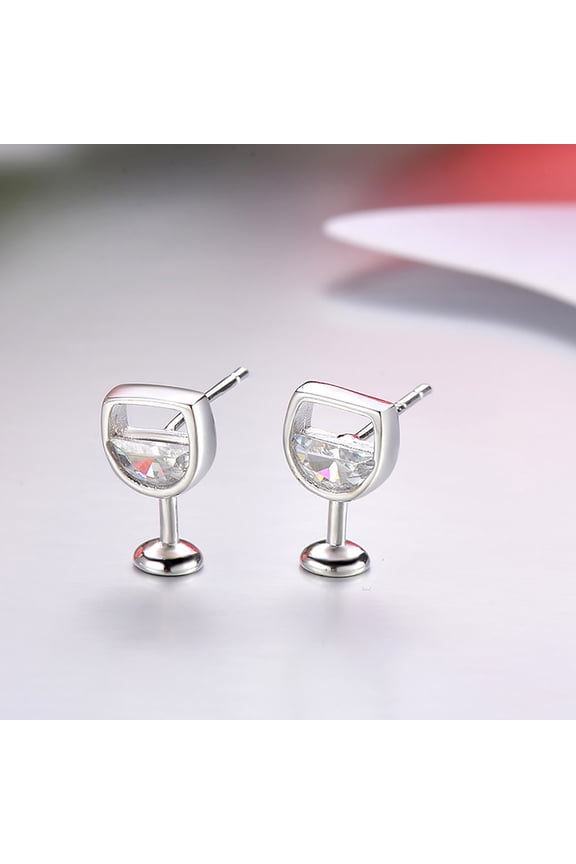 Women Hollow Wine Glass Cubic Zirconia Ear Stud Earrings Jewelry-Silver
