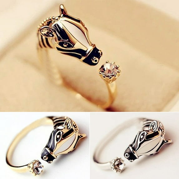 rygai Women Horse Head Shiny Rhinestone Adjustable Open Finger Ring Jewelry-Golden