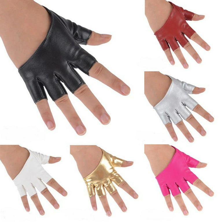 rygai Women Ladies Fashion Half Finger Faux Leather Short-Figures Gloves  Half Palm,White
