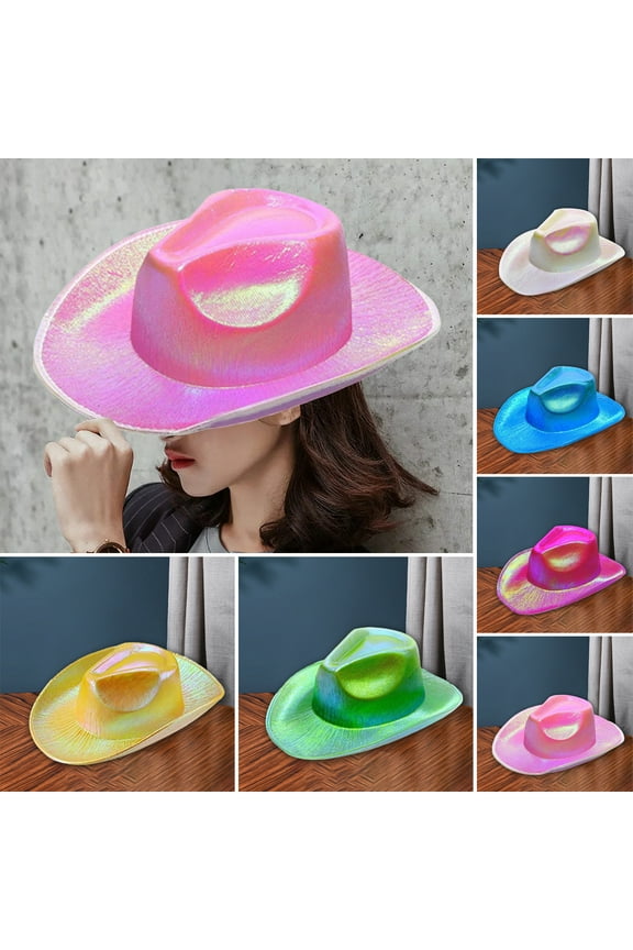 Women Party Hat Bright Color Concave Top Wide Brim Glossy Surface Cosplay Dress-up Costume Dance Show Props Western Cowboy Hat Headwear,Yellow