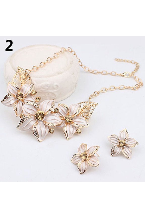 Women Rhinestone Flower Statement Pendant Necklace Earrings Jewelry Set-White
