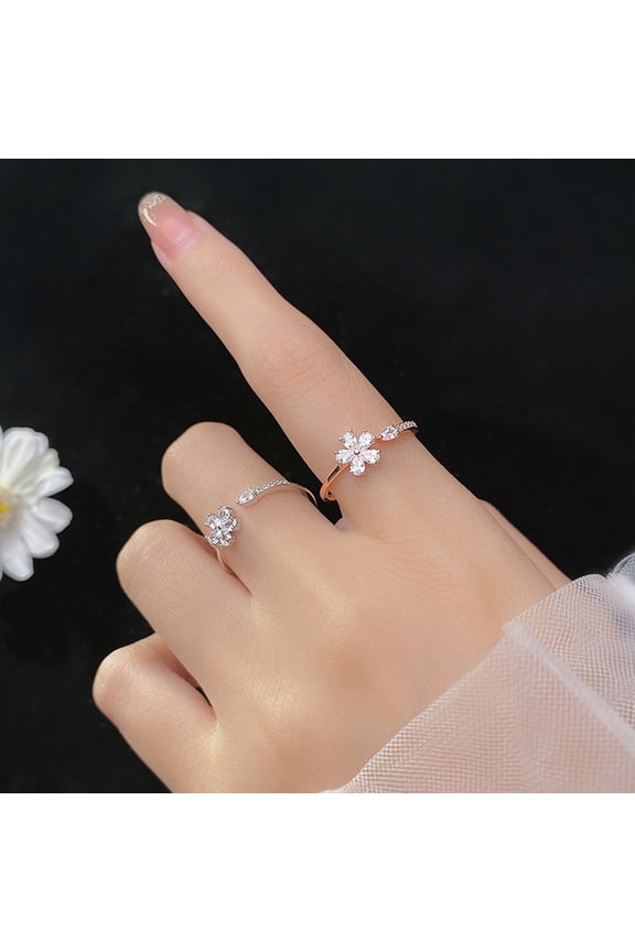Women Ring Opening Sweet Luxury Golden Silver Color Rhinestone Embedded Five-petaled Flower Finger Ring Fashion Jewelry,Golden