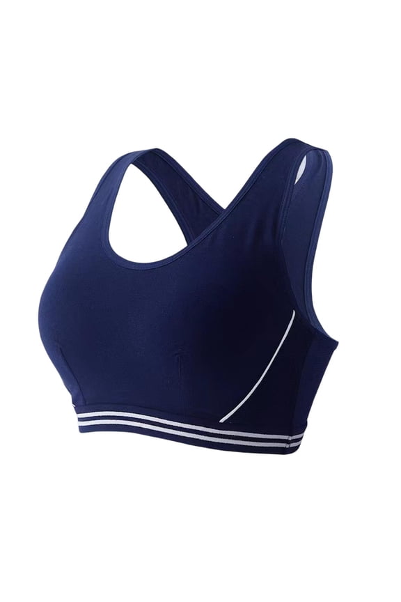 Women Sports Bra Solid Color Padded Striped Wireless High Elasticity Shockproof Wide Shoulder Strap Breathable Student Bra Women Garment,Navy Blue,L