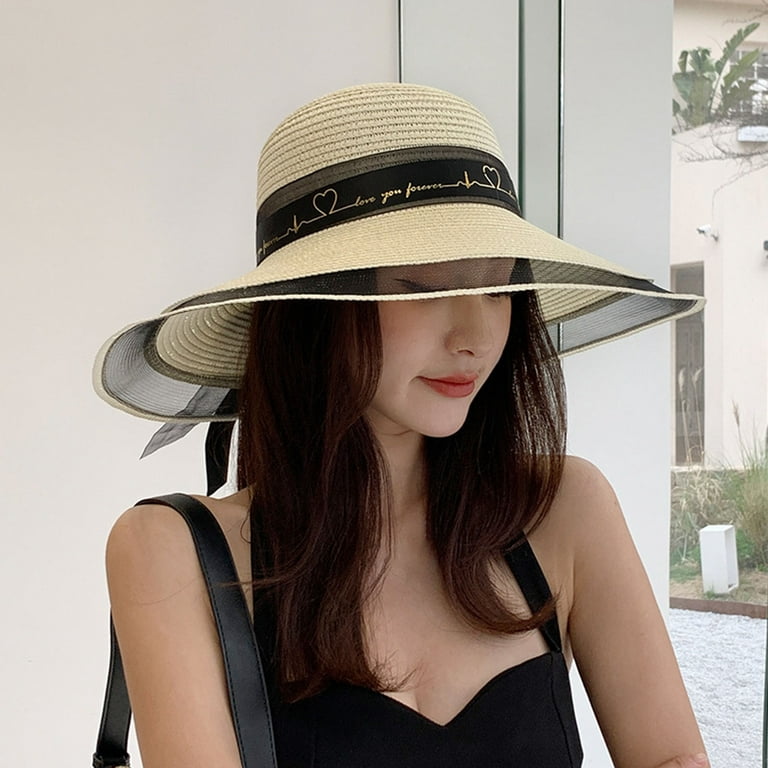 rygai Women Straw Hat See-through Bow-knot Decor Mesh Patchwork Bandage  Large Brim Anti-UV Sun Protection Elegant Summer Vacation Lady Summer Hat  Headwear,Pink 