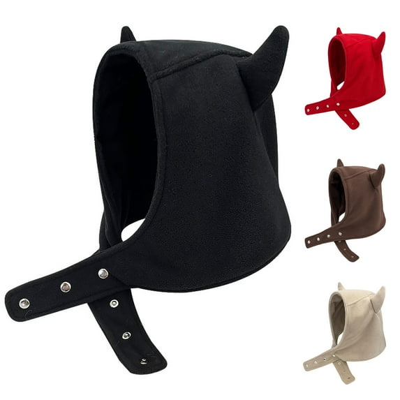 rygai Women Winter Hat Devil Ear Decor Adjustable Solid Color Plush Soft Keep Warm Casual Button Women Beanie Hat Female Headdress,Coffee