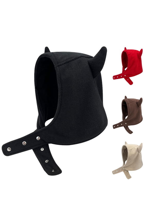 Women Winter Hat Devil Ear Decor Adjustable Solid Color Plush Soft Keep Warm Casual Button Women Beanie Hat Female Headdress,Coffee