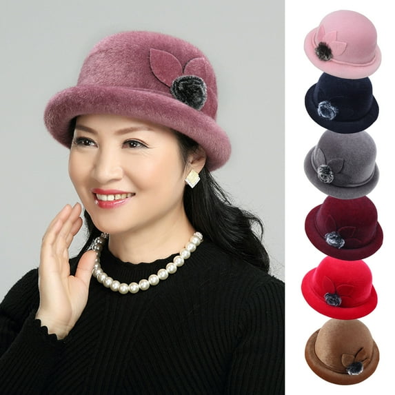 rygai Women Winter Hat Elegant Solid Color Windproof Flower Embellished Ultra-Thick Keep Warm Comfortable Autumn Winter Imitation Fur Hat Basin Caps for Lady,Pink Purple