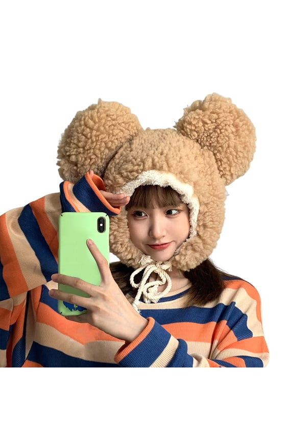 Women Winter Hat Unisex Cartoon Thicken Bear Head Shape Solid Color Windproof Photo Props Bear Ears Women Men Beanie Women Headwear,Camel