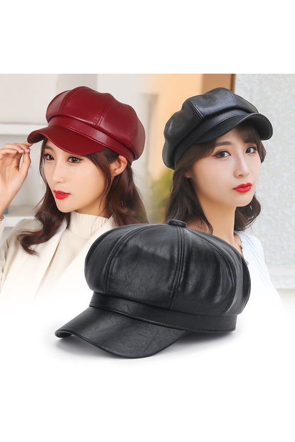 Womens Hat Beret Cap Faux Leather Adjustable Octagon Faux Leather Hat for Party Wine Red