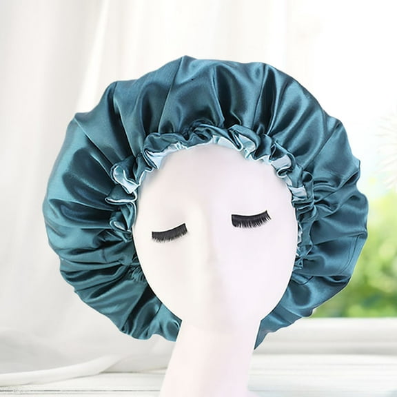 rygai Womens Hat Double Layer Adjustable Curly Trim Sleep Cap Reversible Satin Bonnet Hair Cap Hair Treatment Mint Blue