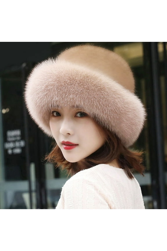 Womens Hat Plush Brim Warm Fisherman Cap Solid Soft Thickened Faux Mink Fur Basin Hat for Daily Life Silver White
