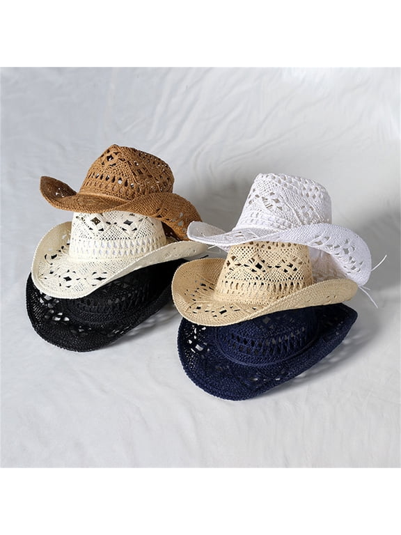 Womens Hat Straw Hat Ventilated Hollow Round Collapsible Western Cowboy Beach Hat Photo Props Navy Blue