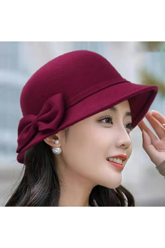 Womens Hat Wide Brim Round Dome Warm Woolen Hat Women Autumn Winter Elegant Bowknot Decor Felt Fedora Hat Daily Wear Rose Red