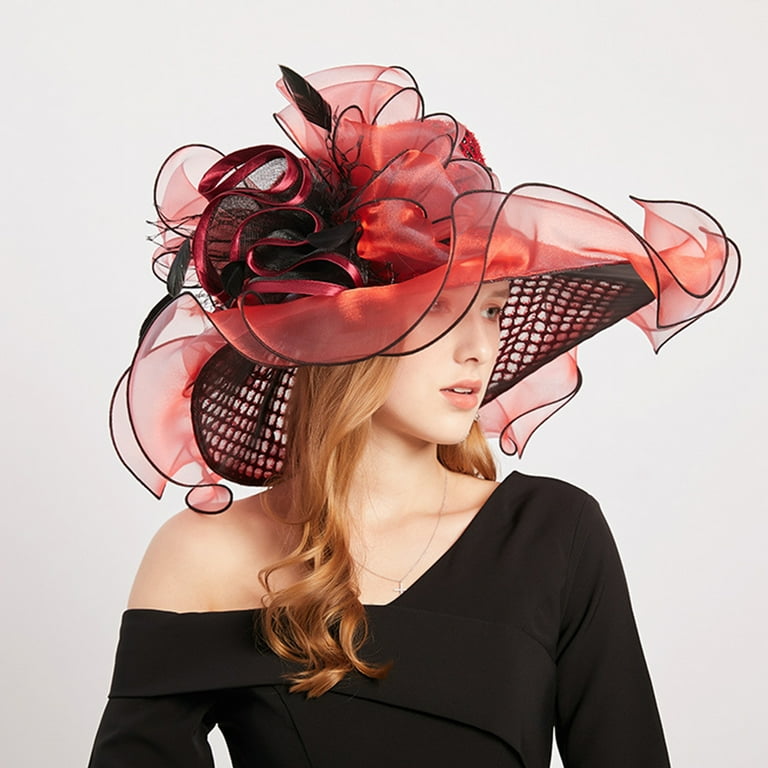 rygai Womens Hat Women Performance Hat See through Mesh Flower Decor Wide Brim Medieval Curling Edge Hollow Out Banquet Cap Stage Show Cap Purplish