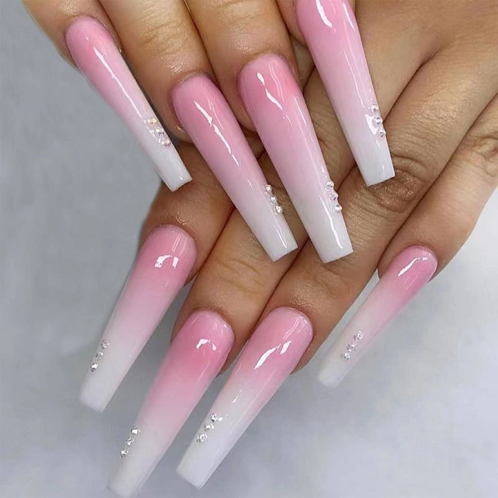 Amazon.com: French Tip Press on Nails Long Coffin Fake Nails White Flower  Designs Stick on Nails Exquisite Rhinestone Acrylic Nails White Square Nail  Tips Pink Artificial False Nails for Women and Girls :