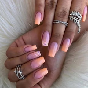rynn&rae W191 Square Medium Long Press on Nails Tips Full Cover Fake French Blue Orange Green Pink Rainbow White Rhinestones Summer Uñas Postizas 24 ct/pk