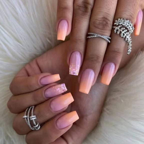 rynn&rae W191 Square Medium Long Press on Nails Tips Full Cover Fake French Blue Orange Green Pink Rainbow White Rhinestones Summer Uñas Postizas 24 ct/pk