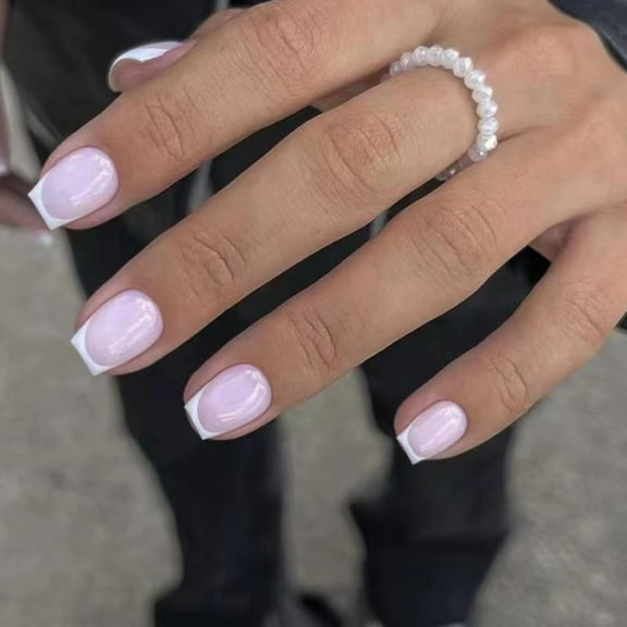 rynn&rae W770 Square Short Medium Press on Nails Tips Full Cover Fake French Blue Black Pink Rainbow White Rhinestones Summer Uñas Postizas 24 ct/pk