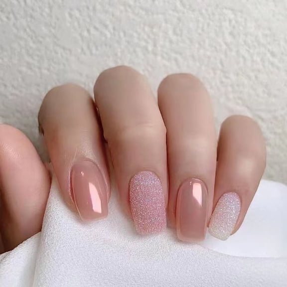 rynn&rae W914 Square Short Medium Press on Nails Tips Full Cover Fake French Blue Black Pink Rainbow White Rhinestones Summer Uñas Postizas 24 ct/pk