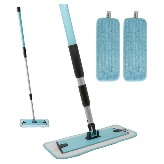 's 12" Mop with 2 Reusable Microfiber Pads (Aqua) Bathroom or Kitchen | 360 Rotating Head | Machine Washable | Extending Pole