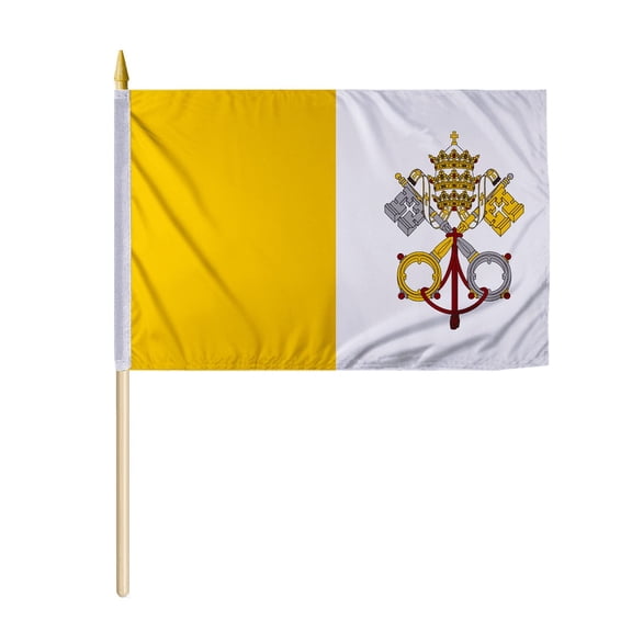 s 12"x18" Papal Stick Flag, Economy Polyester, Natural Wood Pole with Gold Top
