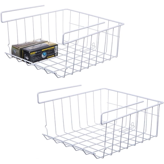 s 2-Pack Under Shelf Hanging Storage Baskets - Metal Wire Rack Organizer for Kitchen, Pantry, Cabinet, Bathroom, Desk - Space Saving Shelf Extender (White, Large)