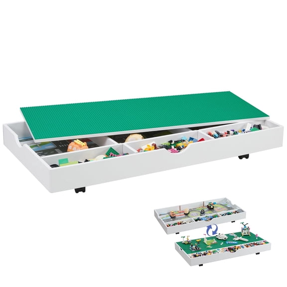 s 2 in 1 Activity Table, Compatible with Lego Bricks and Toy Cars, Foldable Storage Compartment with Partition Plates, Locking Casters, White