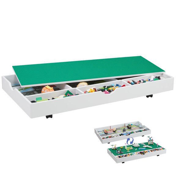 s 2 in 1 Activity Table, Compatible with Lego Bricks and Toy Cars, Foldable Storage Compartment with Partition Plates, Locking Casters, White