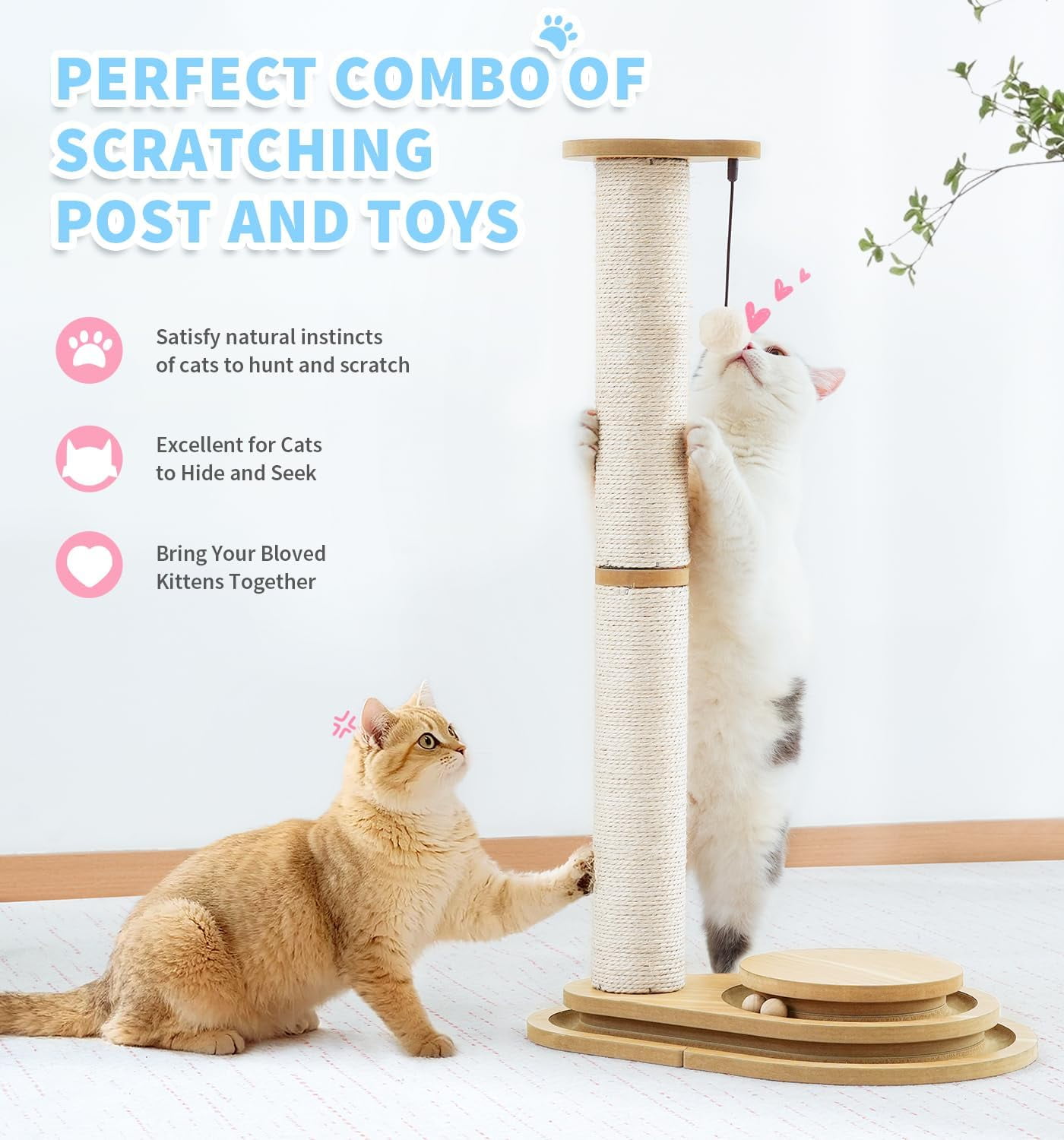s 32 Inch Tall  Scratching Post with Interactive Ball Track and Sisal Rope for Indoor Cats