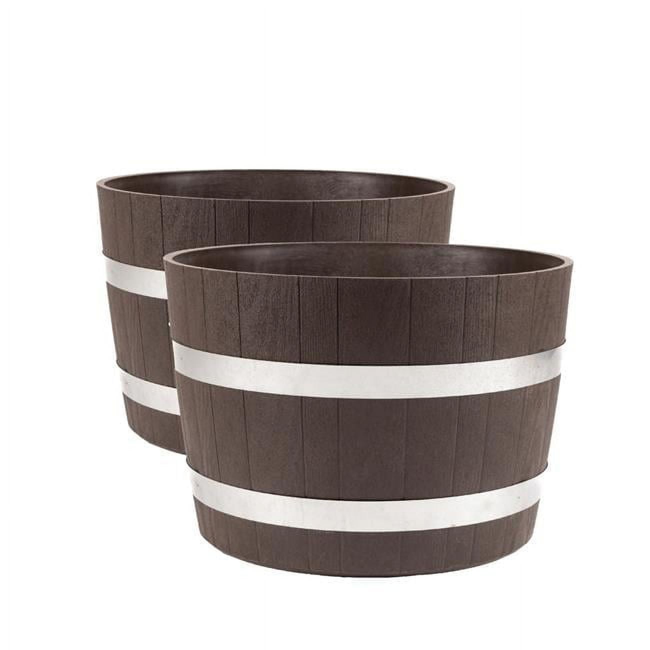 24" Brown Recycled Plastic Barrel Planters with Steel Bands, 2 Pack