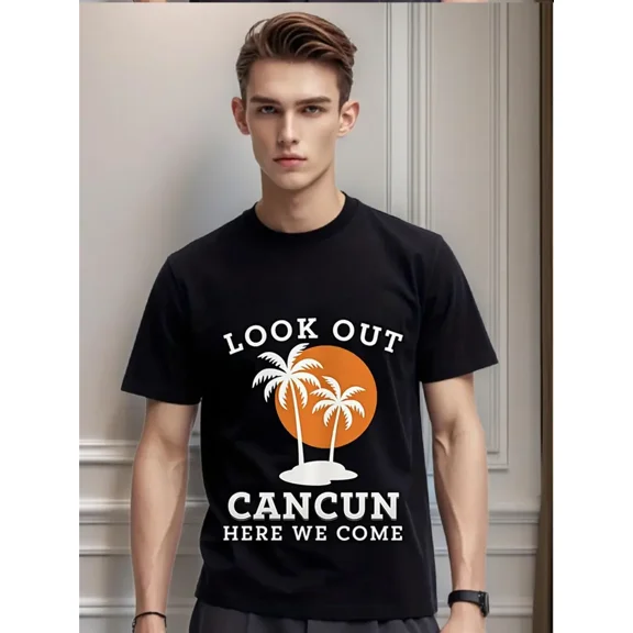 's Black Cancun Vacation T-Shirt - Mexican-Themed "Look Out Cancun Here We Come" Print with Palm Trees & Airplane Design, Pure Cotton Short Sleeve Round Neck Tee for Beach