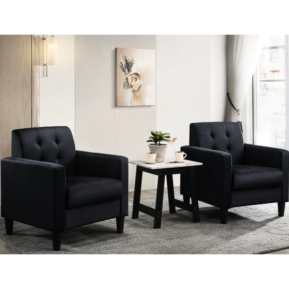 s Black Velvet Armchairs And End Table Living Room Ensemble, Armchair: 27.5"w X 27.5"d 31.5"h, 5.51" Plastic Legs, 16.14" Seat Height, 20.87" Depth, 20.47" Width, Table: 19"w 15"d 19"h, Marble