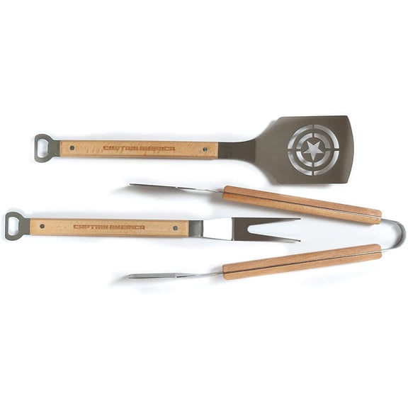 s Captain America 3-Piece Outdoor BBQ Grill Utensil Set - Includes Stainless Steel Spatula, Fork & Tongs With 17" Sturdy Wooden Handles - Perfect Barbecue Accessory - Portable Grilling Tools