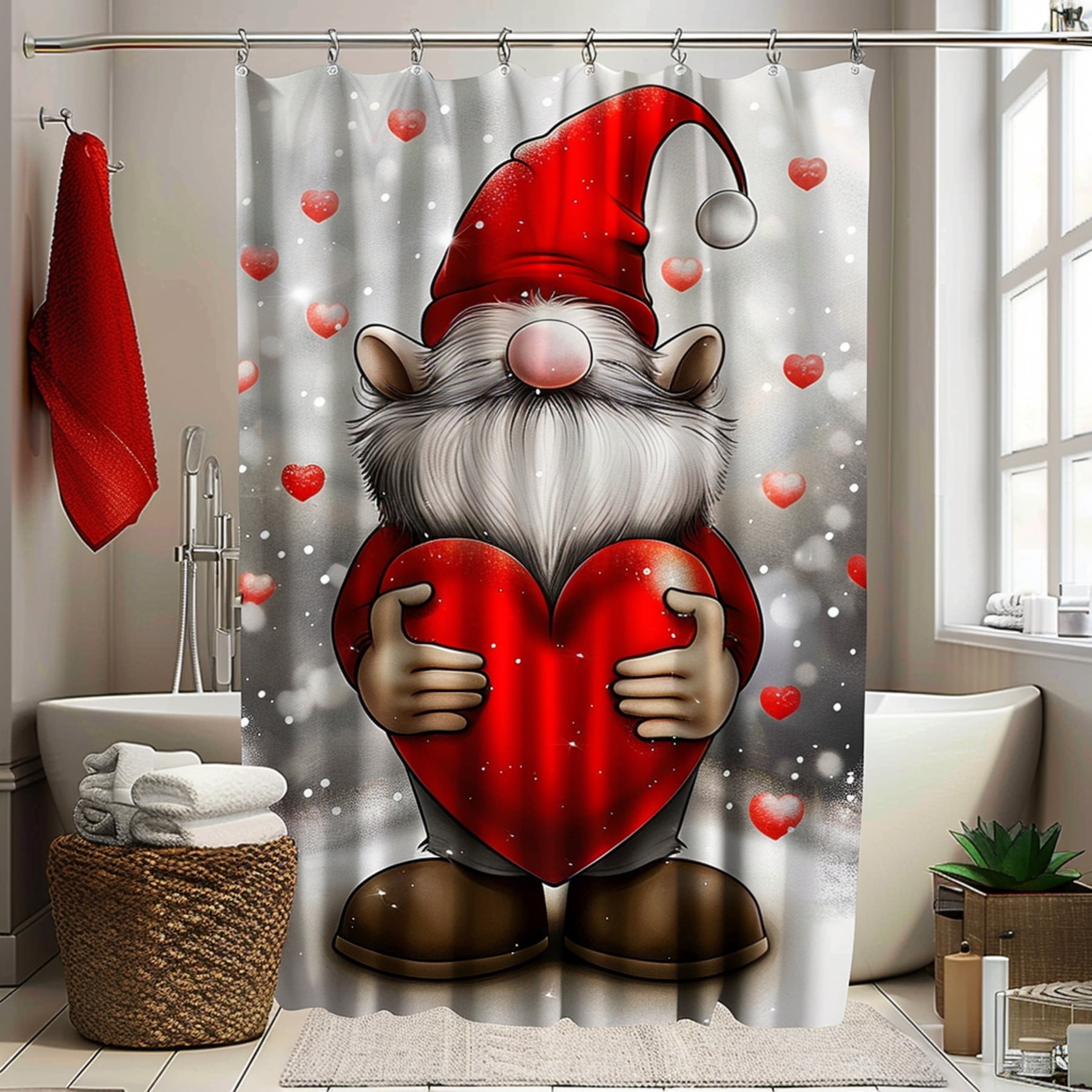 s Day Bathroom Decor Set Cartoon Style Gray and Red Shower Curtain with