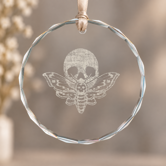 s Head Moth Distressed Skull Dark Theme Ornament, Home Decor, Circle Glass Ornament