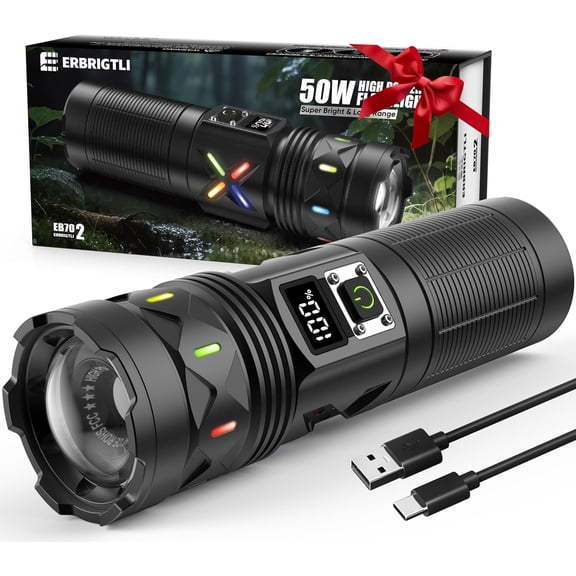 s High Lumens 100000 Rechargeable, Super Bright 50W LED, Long Running 15 Hours, USB C Input & USB Output, Zoomable 3 Modes, Powerful Strong Flash Light for Home Hiking Camping