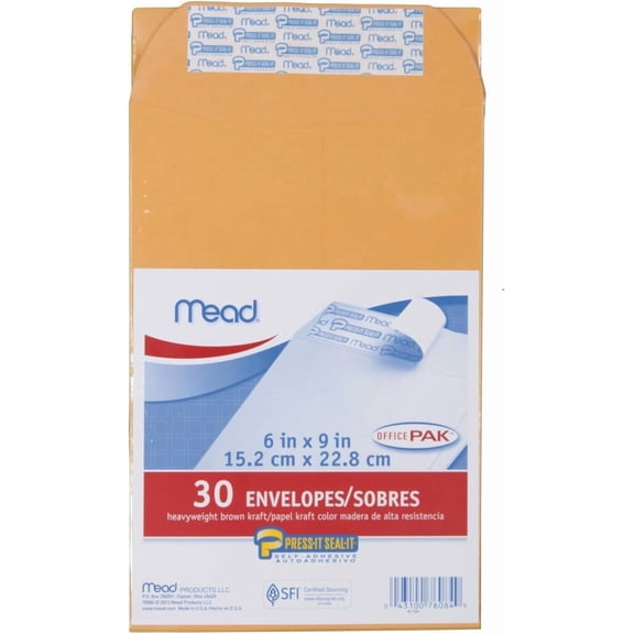 s, Letter Size, 6" x 9", Press-It Seal-It Self Adhesive Closure, Brown Kraft All-Purpose 24-lb Paper Mailing s, 30 Count (76084)