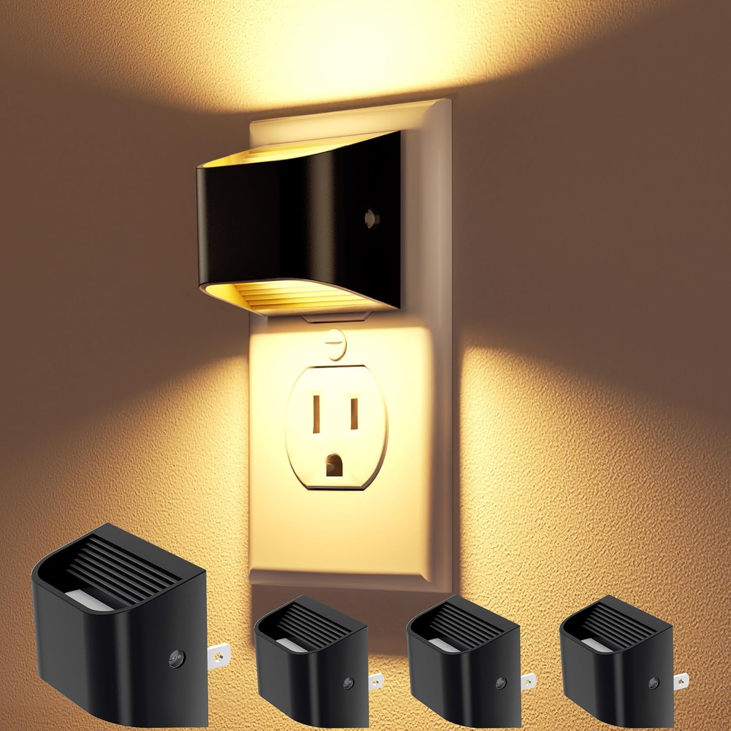 Night Lights Plug into Wall, 4 Pack Up and Down LED Night Light with Dusk to Dawn Light Sensor, 3000K Warm White Nightlight for Hallway, Bedroom, Bathroom, Kitchen Black