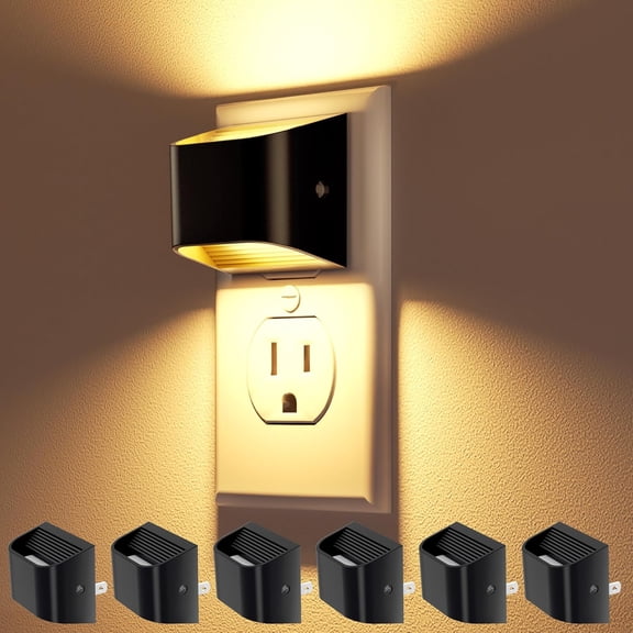 s Plug into Wall, 6 Pack Up and Down LED with Dusk to Dawn Light Sensor, 3000K Warm White Nightlight for Hallway, Bedroom, Bathroom, Kitchen Black