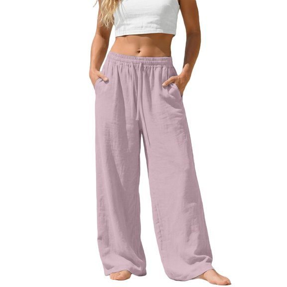 ’s Plus Size Linen Drawstring Pants With Pockets – Solid Loose Casual Joggers Breathable Summer Wide Leg Trousers