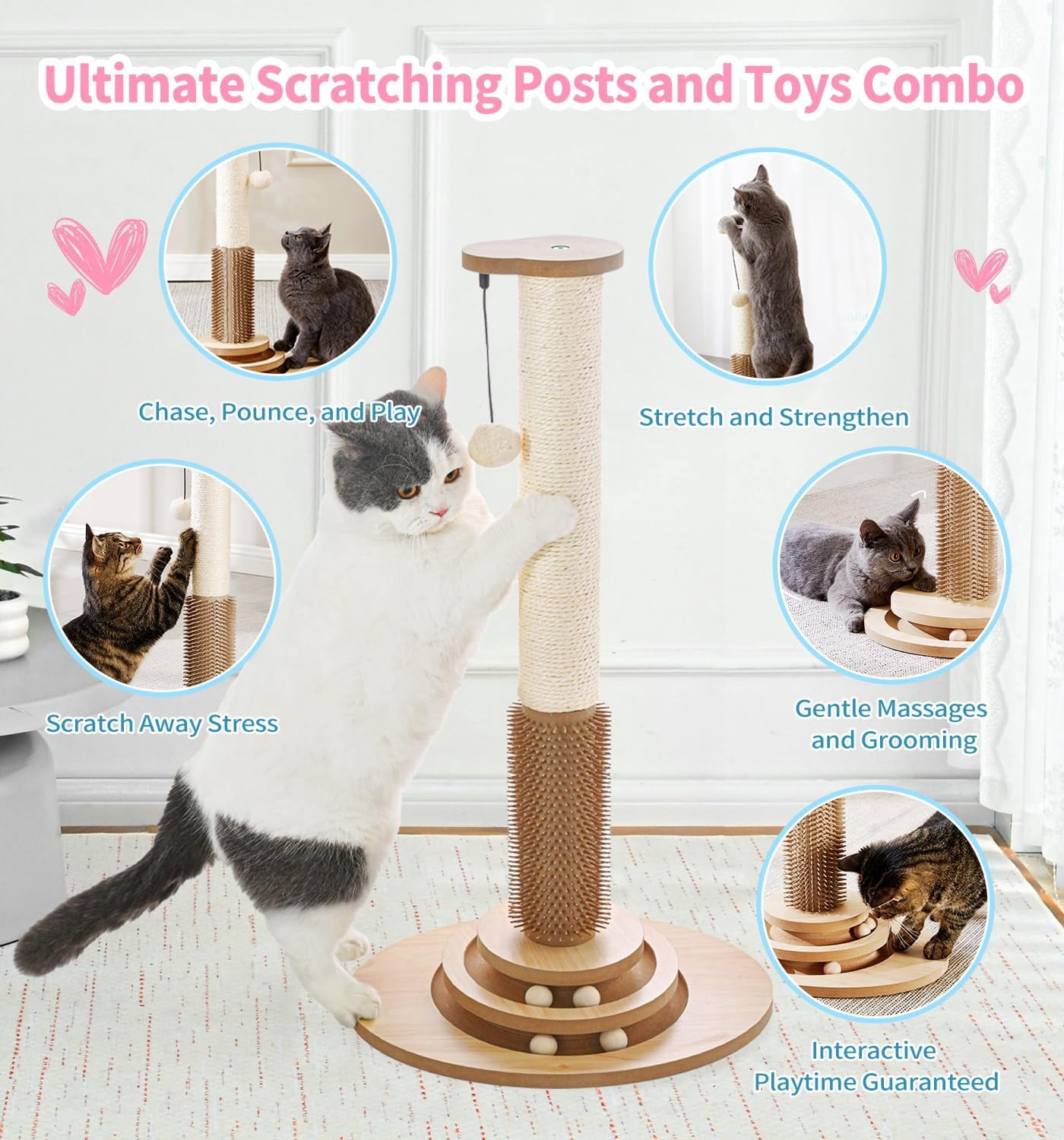 s Premium Sisal  Scratching Post with Ball Track & Brush - 28.3 Inch Tall Interactive  Tower for Indoor Kittens