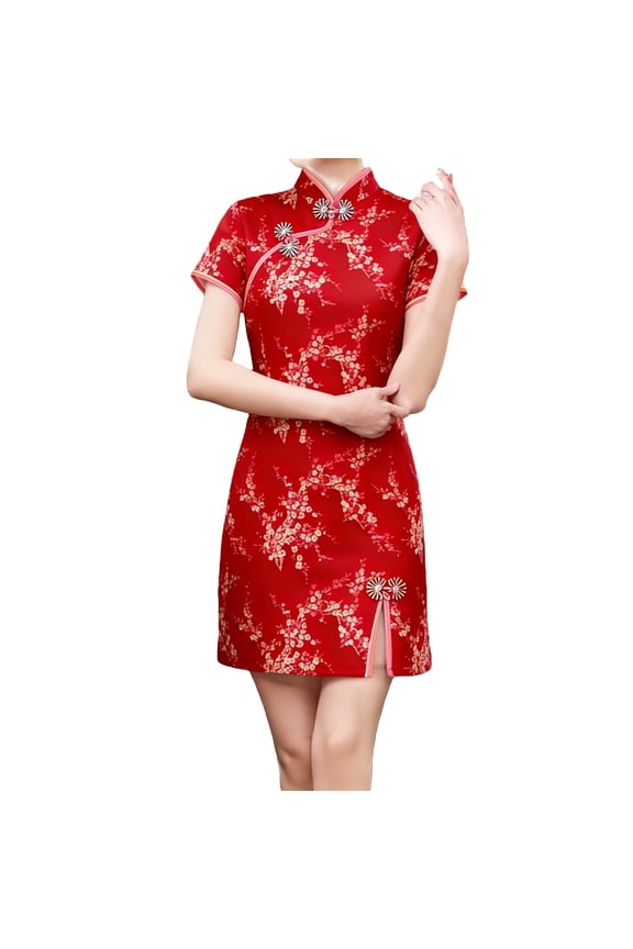 ’s Retro Print Short Qipao Dress – Autumn/Winter Cheongsam with Modern,Red,M
